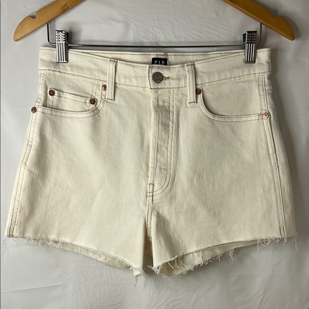 Gap High-Waisted Jean Shorts women size 28 button fly denim stretch frayed hem